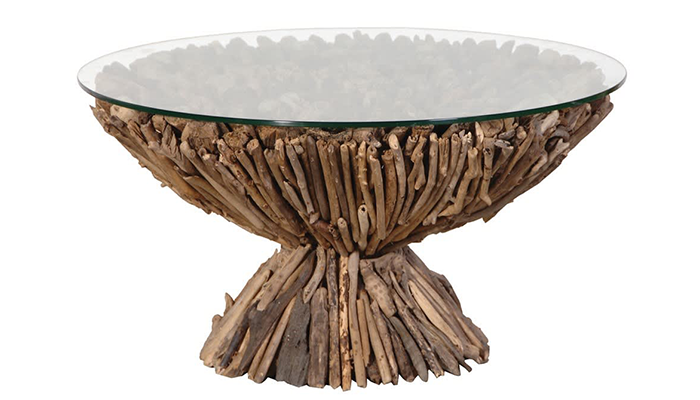 Round Pedestal Driftwood Coffee Table with Glass Top