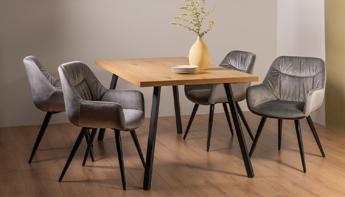 6 Seater Standard Leg Table & 4 Grey Velvet Chairs
